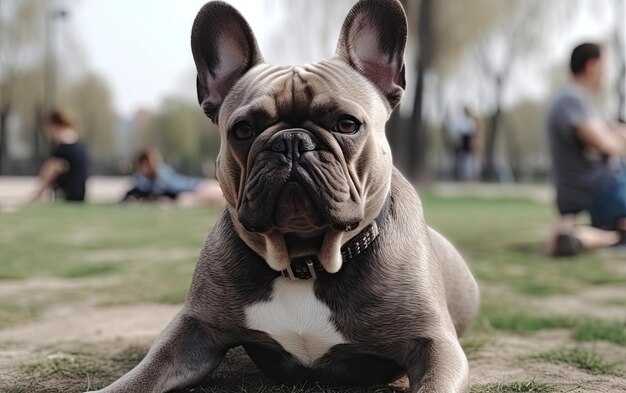 Foto bulldog francês está sentado na grama no parque foto de postagem de publicidade profissional ai gerado