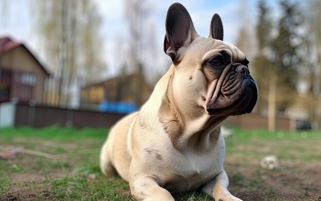 Foto bulldog francês está sentado na grama no parque foto de postagem de publicidade profissional ai gerado