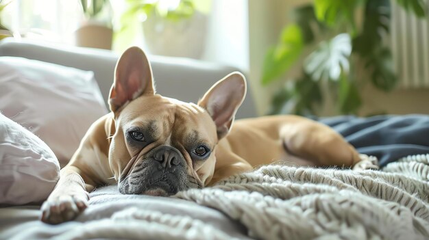 Un bulldog francés está tendido en una cama y mirando a la cámara con una expresión seria