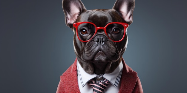 Un Bulldog Francés Con Estilo Luciendo Un Traje De Moda Que Incluye Una Chaqueta, Corbata Y Gafas Posando Confiado