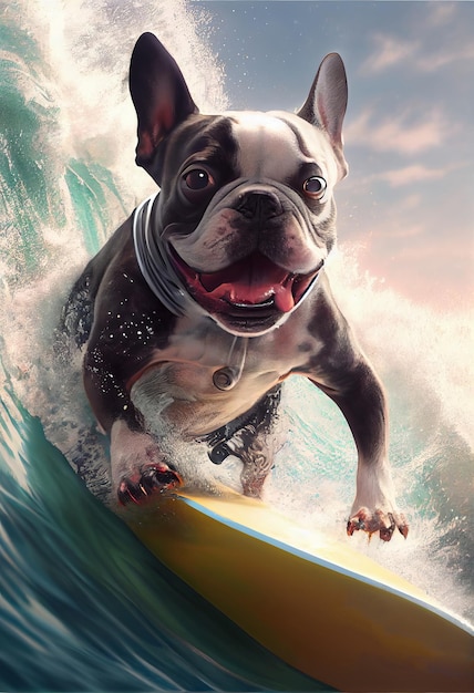 Bulldog francés feliz flotando en una tabla de surf amarilla en las olas