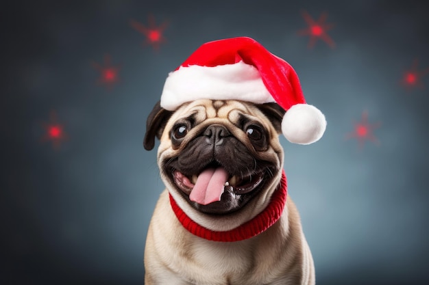 Bulldog francés festivo con sombrero rojo de Navidad sobre un fondo azul oscuro Concepto de vacaciones de invierno