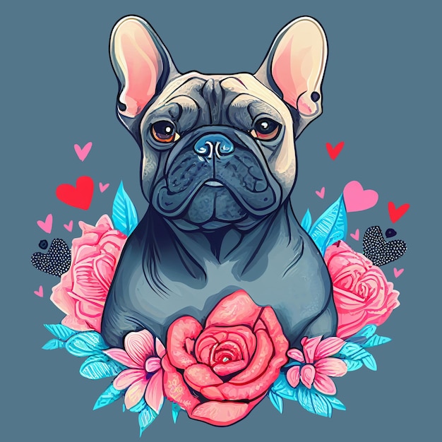 Bulldog francés flores corazones en tarjeta de amor de fondo gris