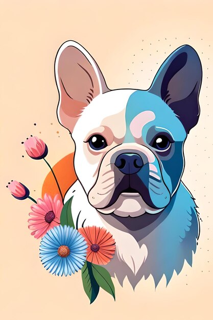 Un bulldog francés con flores