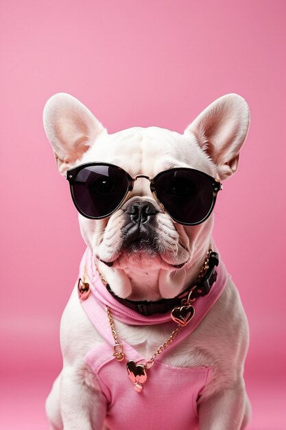 Foto bulldog francés con gafas sobre un fondo rosado