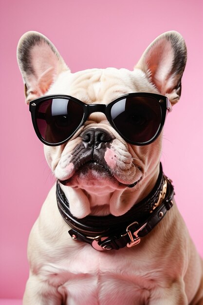 Foto bulldog francés con gafas sobre un fondo rosado