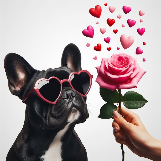 Foto bulldog francés con gafas de sol en forma de corazón y flor de rosa aislada en blanco