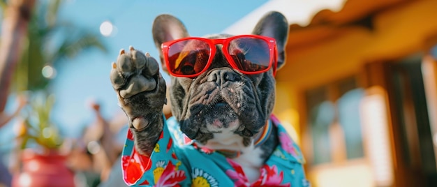 Un bulldog francés hace una declaración audaz en un traje vibrante y gafas de sol rojas