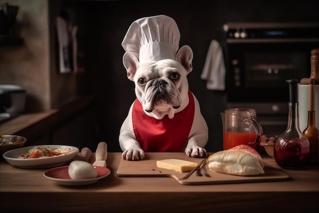 Bulldog francés lindo blanco con ropa de chef cocinando ai generado