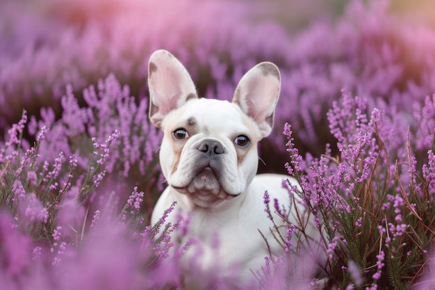 Un bulldog francés marrón está de pie en un campo de flores púrpuras