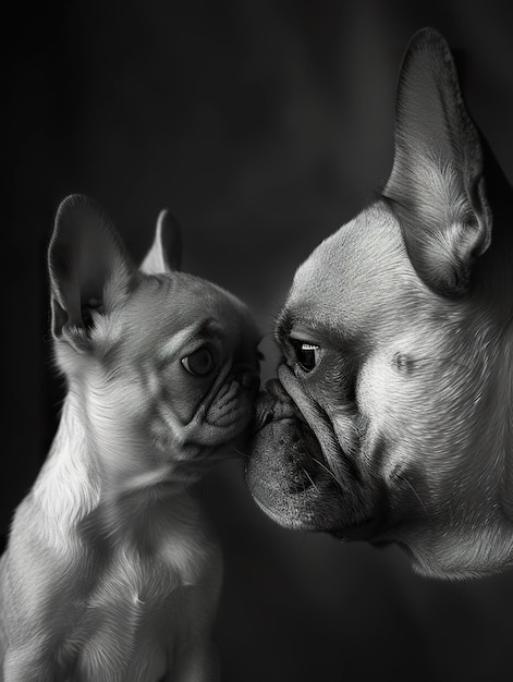 Bulldog francés pacífico abrazando a un cachorro Padre y cachorro comparten un momento tierno en monocromo