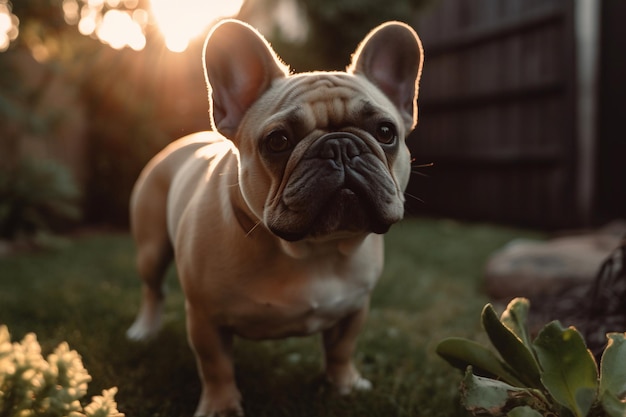 Un bulldog francés en el patio trasero