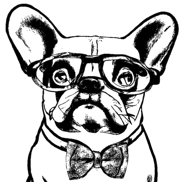 Bulldog francés Perro usa una línea de gafas dibujando dibujos animados en blanco y negro