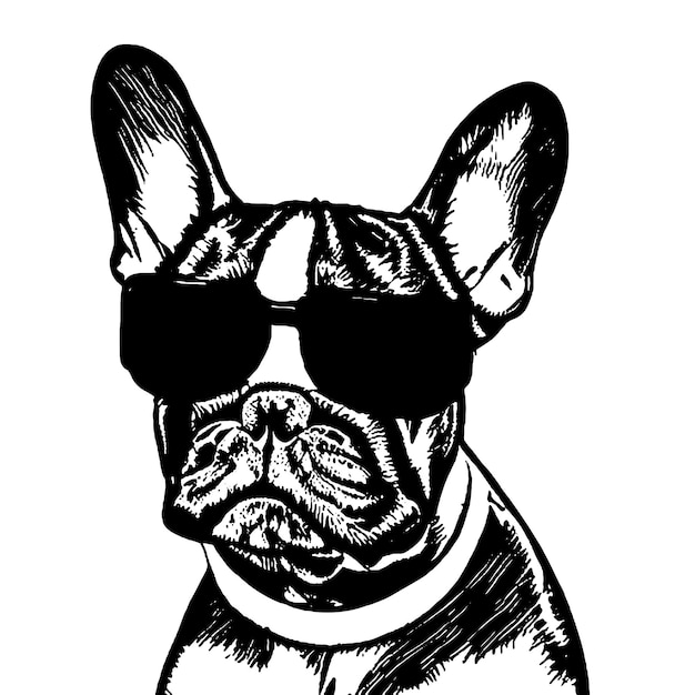 Bulldog francés Perro usa un par de gafas de sol línea dibujando dibujos animados en blanco y negro