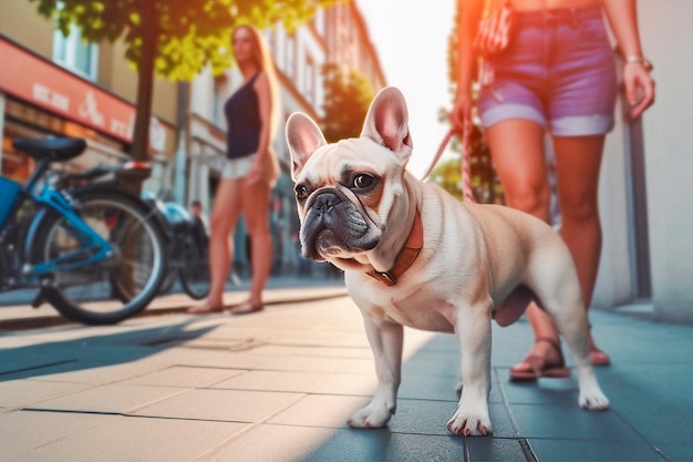 Bulldog francés de pie en una calle mira hacia otro lado en el día soleado IA generativa