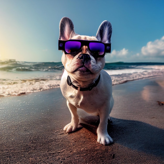 Bulldog francés posando en la playa con gafas de sol renderizado 3d