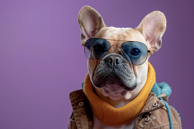 Bulldog francés con ropa y gafas de sol sobre un fondo púrpura