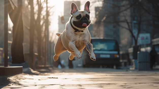 Bulldog francés saltando en la calle IA generativa