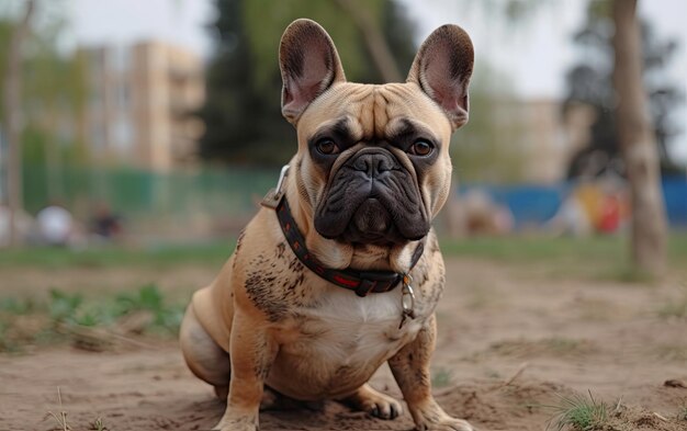 Foto el bulldog francés está sentado en la hierba en el parque.