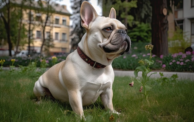 Foto el bulldog francés está sentado en la hierba en el parque.