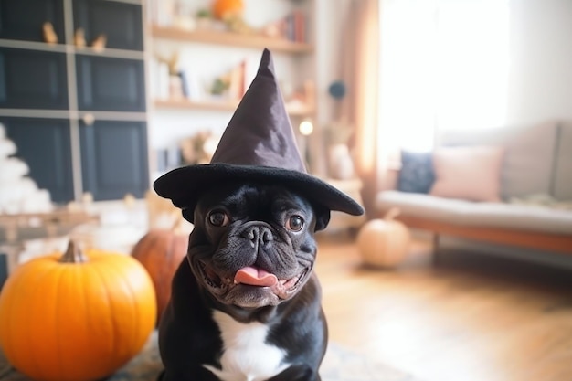 Bulldog francés con sombrero de bruja de Halloween