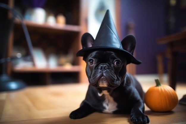 Bulldog francés con sombrero de bruja de Halloween