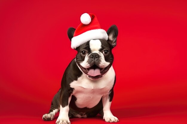 Bulldog francés con sombrero de Papá Noel sobre un fondo rojo liso Tarjetas de Navidad con mascotas