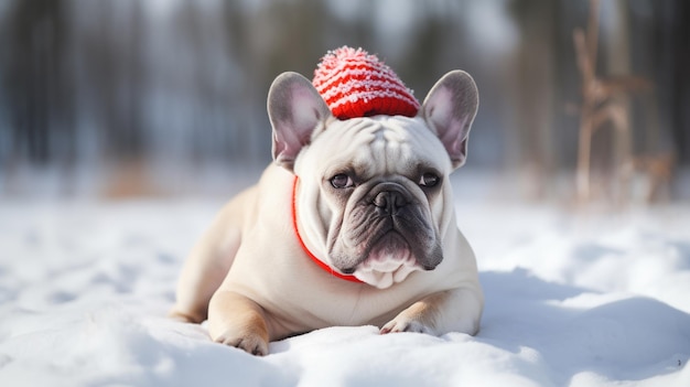 Un bulldog francés con un sombrero rojo yace en la nieve.