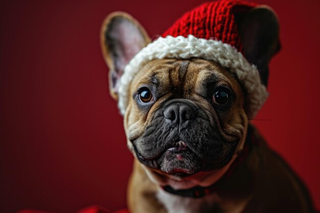 Bulldog francés sonriendo con un retrato de sombrero de Navidad