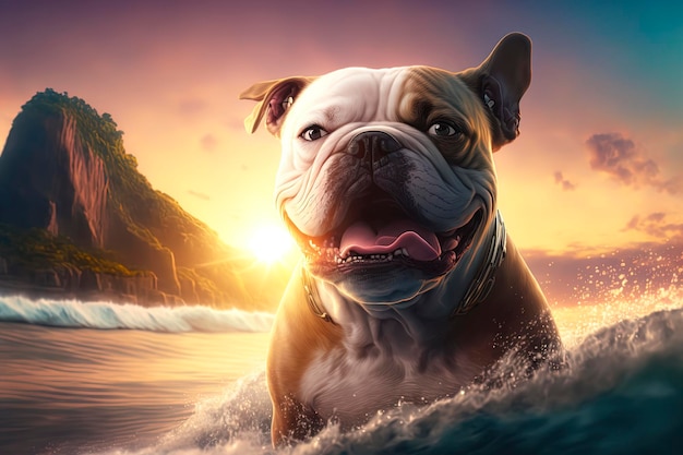 Bulldog francés con sonrisa blanca feliz surfeando hawaii Generado por AI