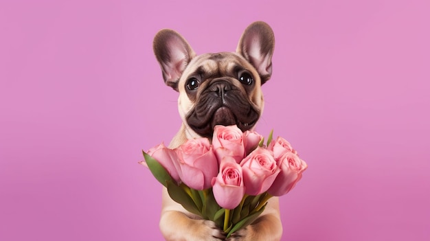 Un bulldog francés sosteniendo un ramo de rosas rosadas.