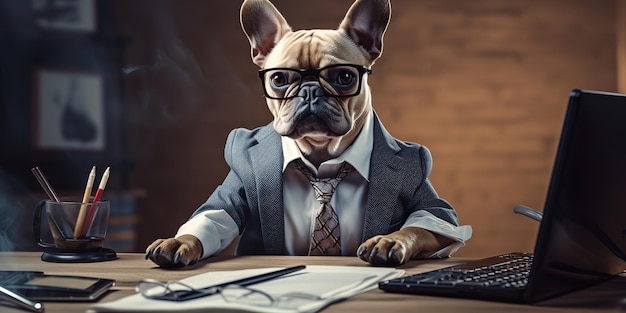 Bulldog francés vestido como hombre de negocios trabaja en el escritorio en la computadora