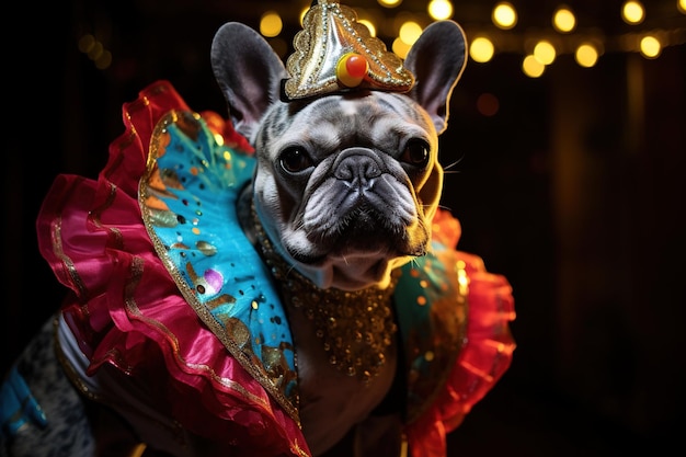 un bulldog francés vestido con un traje colorido en el carnaval