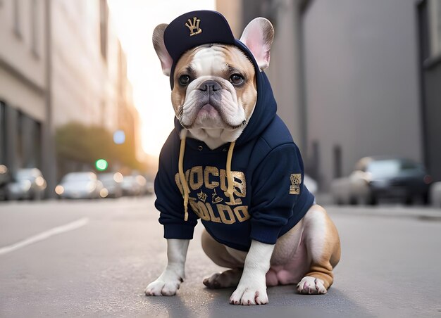 Foto bulldog francês vestindo um capuz