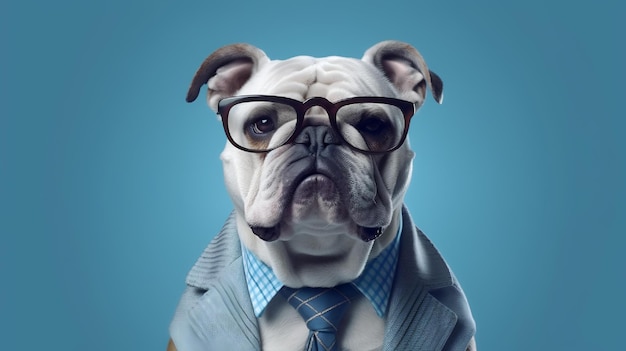 Un bulldog con gafas y corbata.