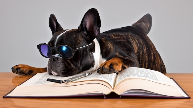 Bulldog en gafas y libro Generative Ai