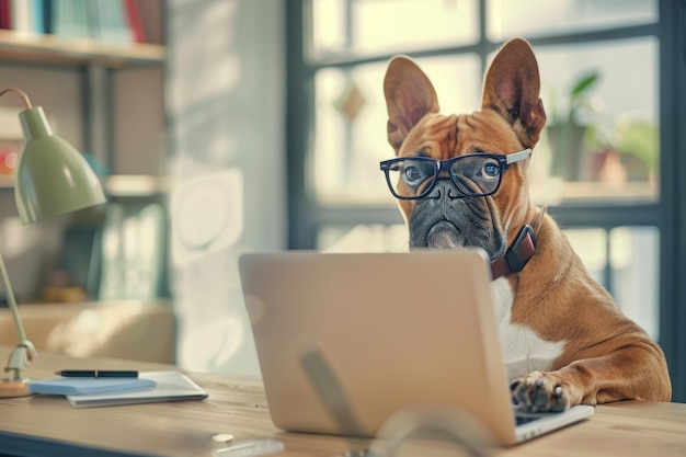 Bulldog con gafas se sienta en una mesa y trabaja en una computadora portátil Trabajo remoto desde casa