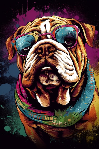 Un bulldog con gafas de sol y una bufanda que dice "mantén tu mente en ello".