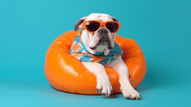 Un bulldog con gafas de sol se sienta en un flotador naranja con un fondo azul.