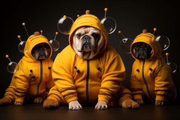 bulldog gordo e mal-humorado vestido com uma abelha de bolha engraçada traje de Halloween antropomórfico cores vibrantes à moda fotografia de estúdio legal minimalismo