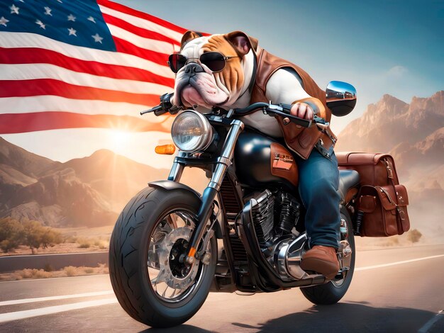 Bulldog in einer Leder-Rockerjacke auf einem coolen Motorrad auf dem Hintergrund der amerikanischen Flagge