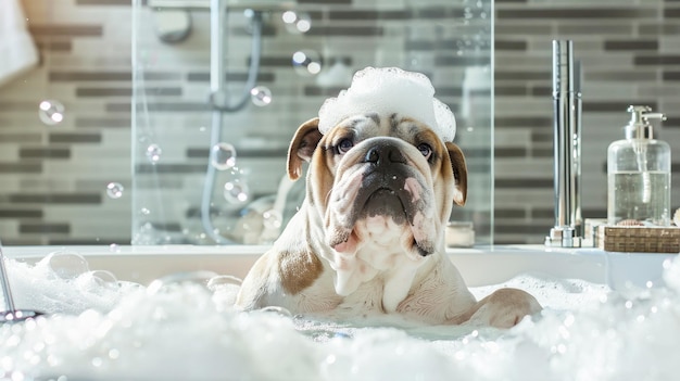 Bulldog inglês em um banho de bolhas com um patinho amarelo e bolhas de sabão