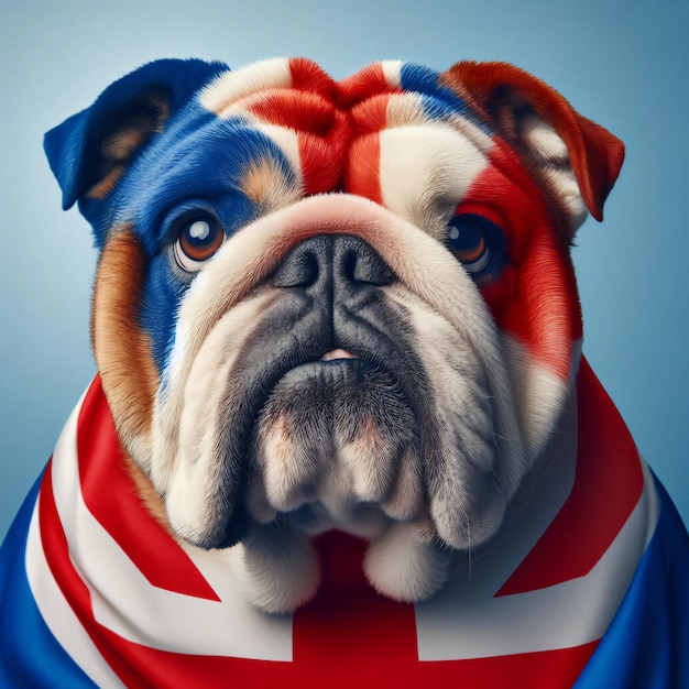 Foto bulldog inglés con pelaje en los colores de la bandera del reino unido de inglaterra