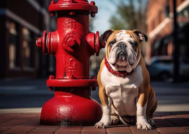 Un Bulldog Inglés posando junto a una clásica boca de incendios roja