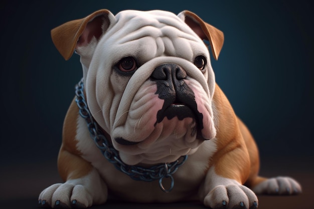 Bulldog inglês sentado e olhando para a câmera na ilustração de renderização 3d de fundo escuro