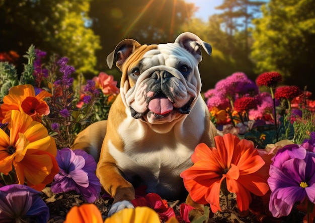 Un Bulldog Inglés sentado en un jardín rodeado de flores coloridas