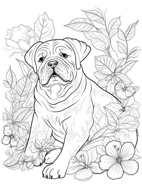 Un bulldog en un jardín de flores.