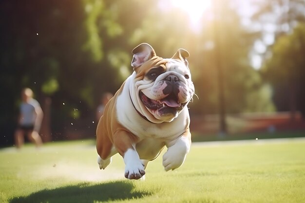 Bulldog lindo jugando al aire libre y copiando espacio