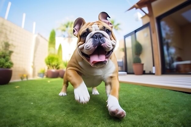 Foto bulldog lindo jugando al aire libre y copiando espacio