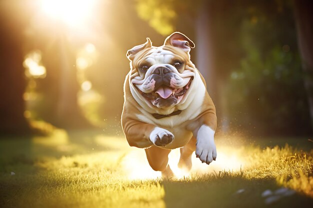 Foto bulldog lindo jugando al aire libre y copiando espacio